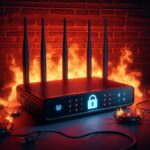 brick wall on fire behind a router