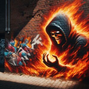 brick wall with skeleton on fire