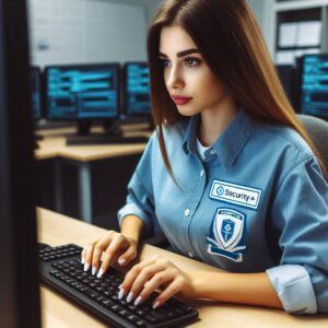 Woman working on computer with security badge